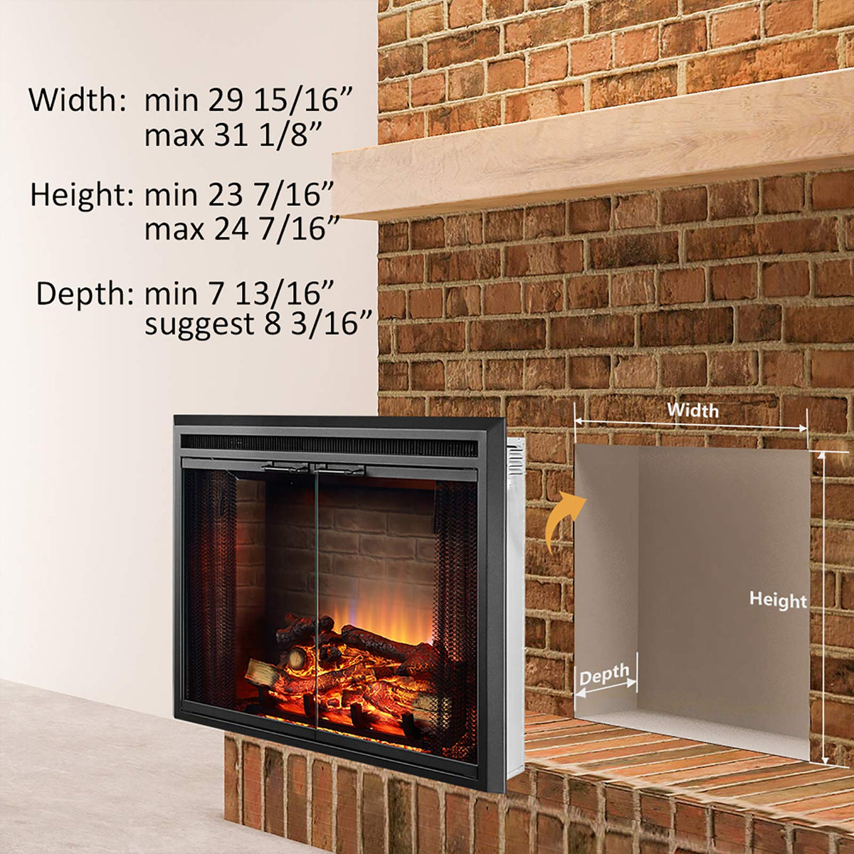 Black Electric Fireplace Insert with Glass Door and Mesh Screen, 750/1500W J10842