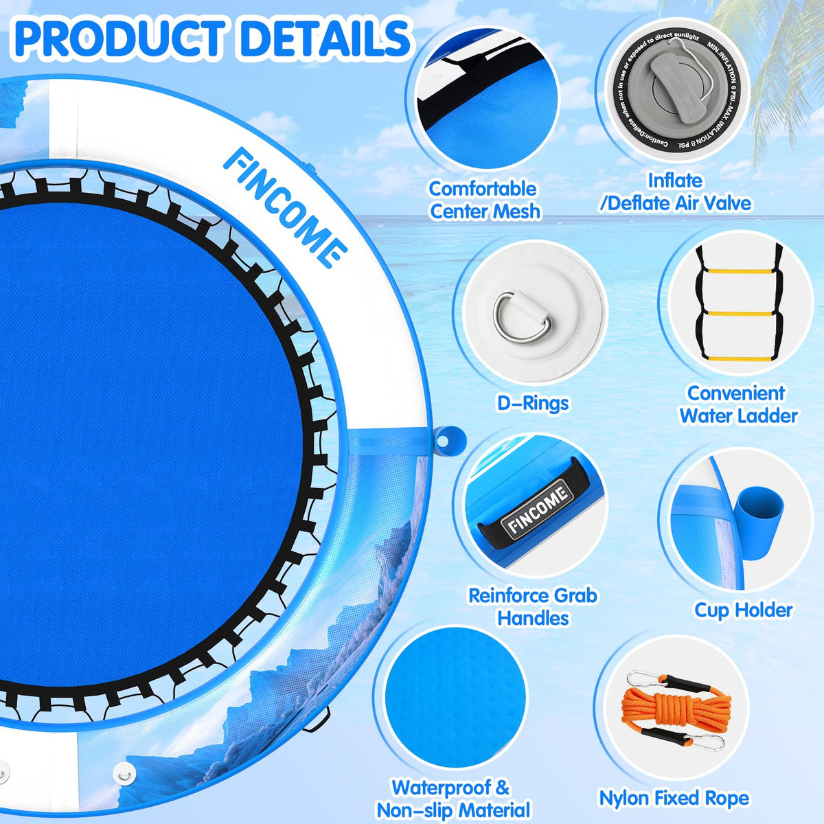Inflatable Water Hammock Floating Dock 8FT Round with Water Ladder and Cup Holder Light Blue G163
