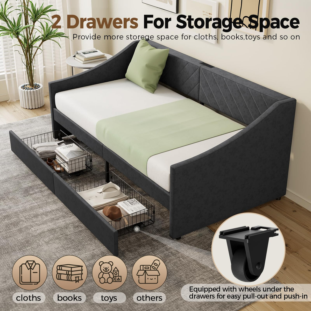Twin Size Upholstered Daybed with 2 Storage Drawers M4832