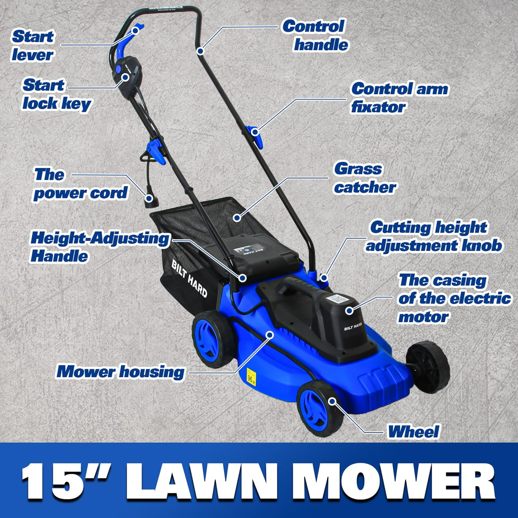 15" Corded Electric Push Mower with 35L Grass Bag V8598