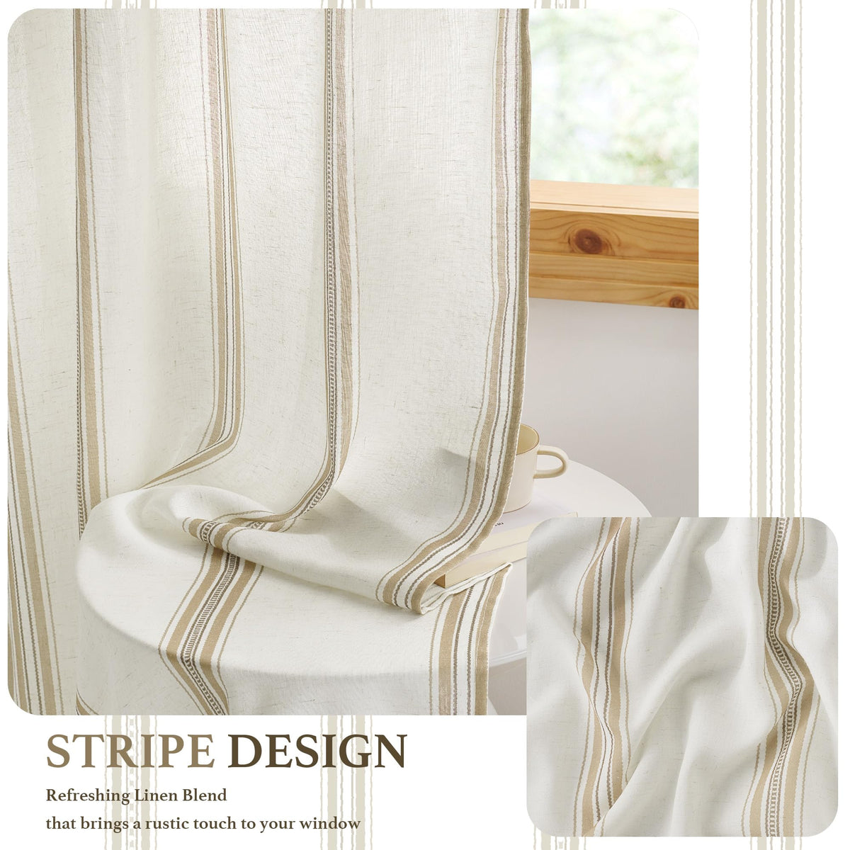 Taupe & White Stripe Linen Curtains 52 x 84 Inch M53681