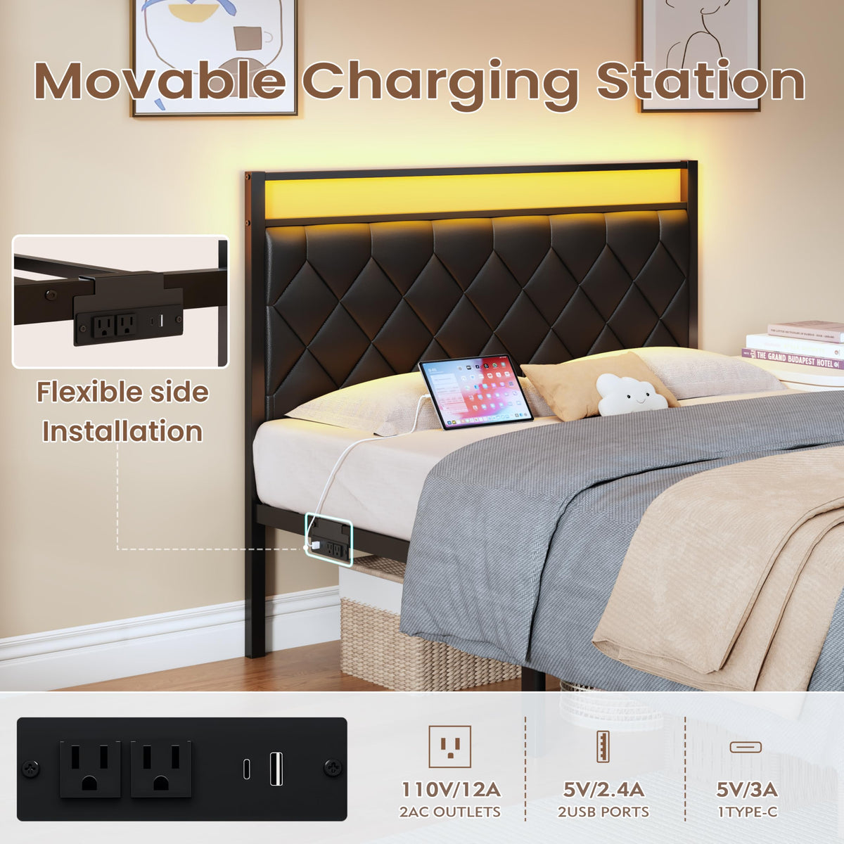 Full Size Black Metal Bed Frame with LED Lights & Charging Station Y20365