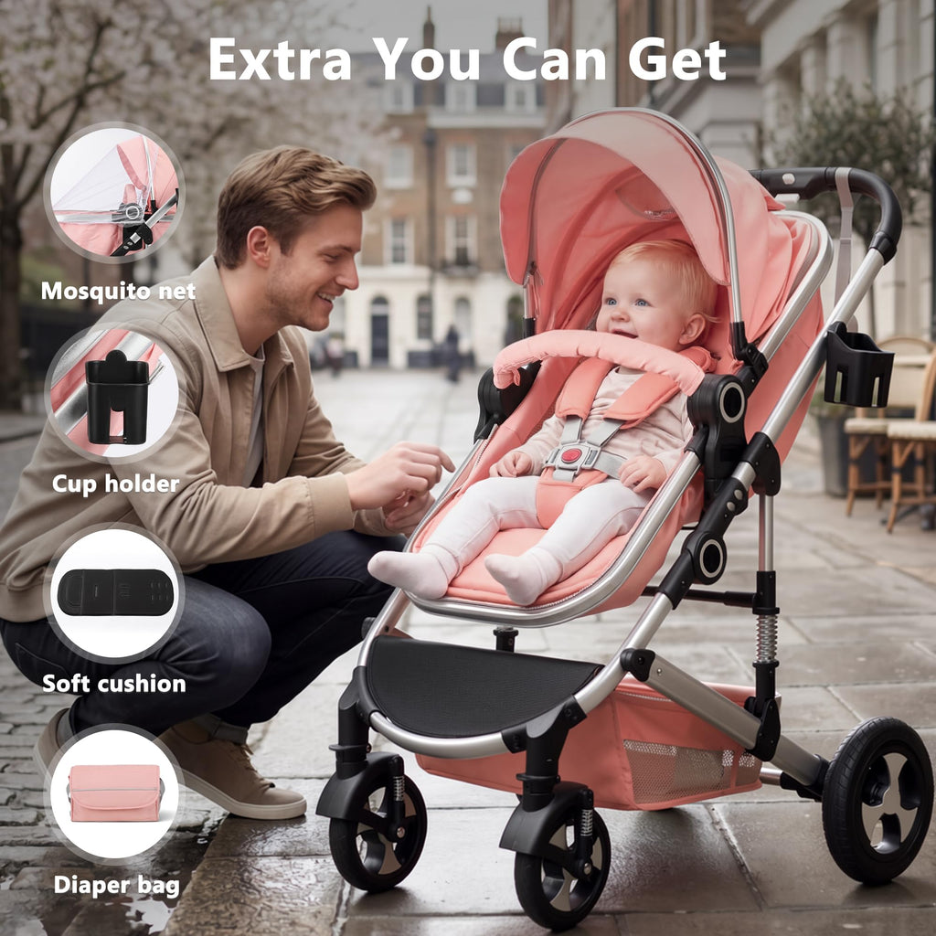 2 in 1 Convertible Baby Stroller, Diaper Bag, Pink I172