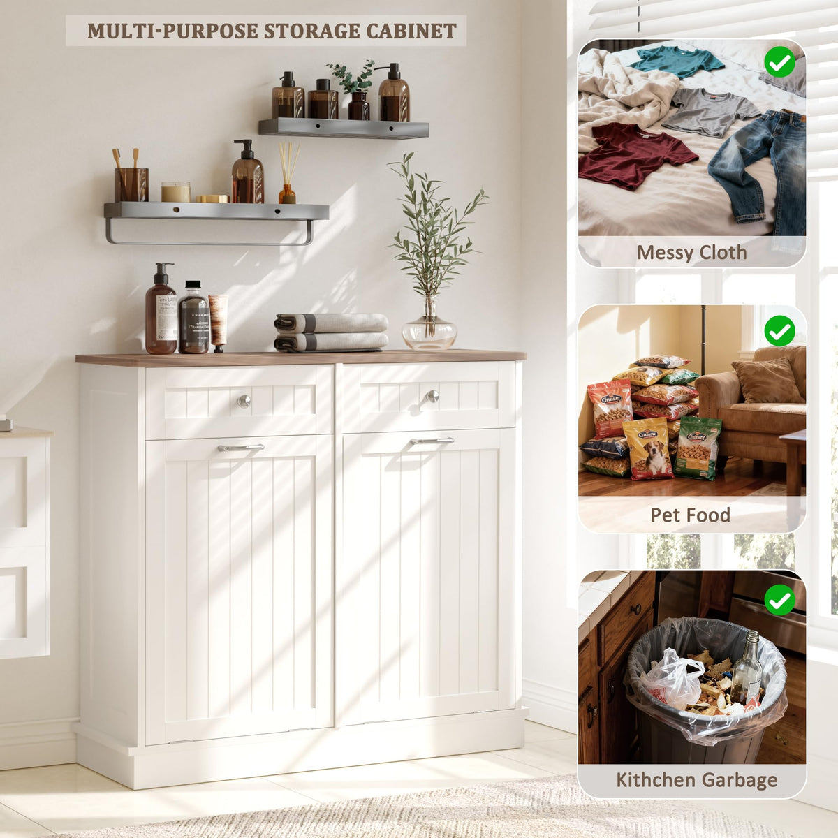 White Tilt Out Trash Can Cabinet I2000