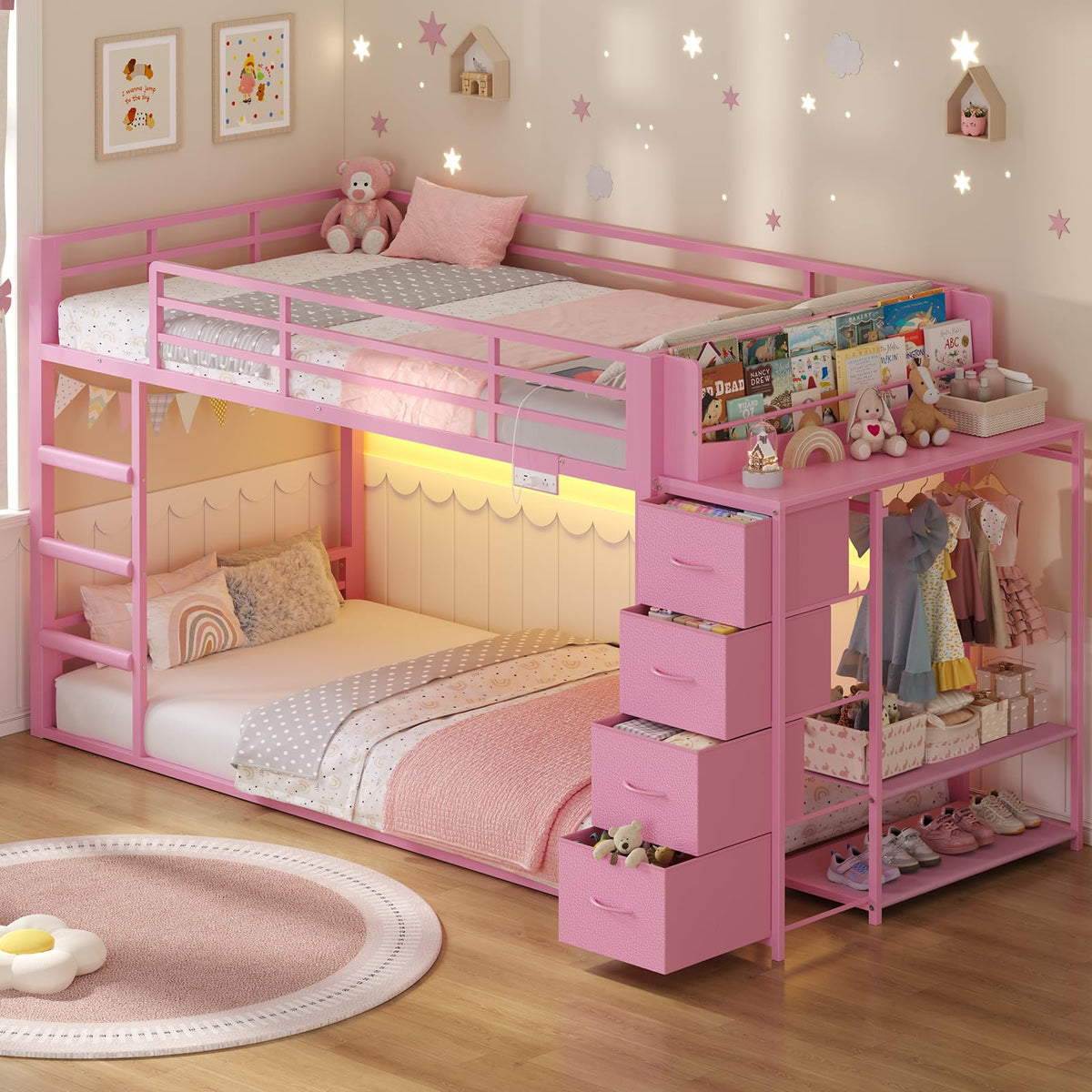 Pink Twin Over Twin Bunk Bed with Bookshelf & Storage Drawer S614