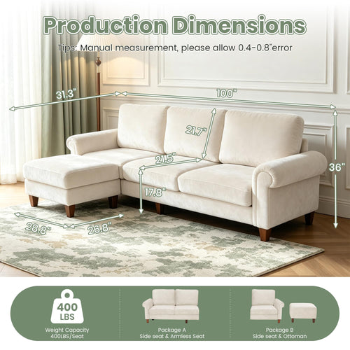100" L-Shaped Velvet Sectional Sofa with Ottoman C303536