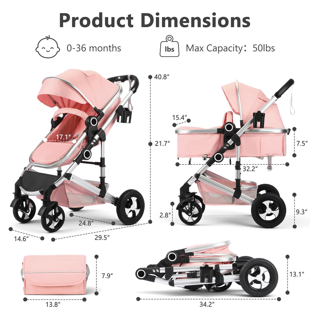 2 in 1 Convertible Baby Stroller, Diaper Bag, Pink I172
