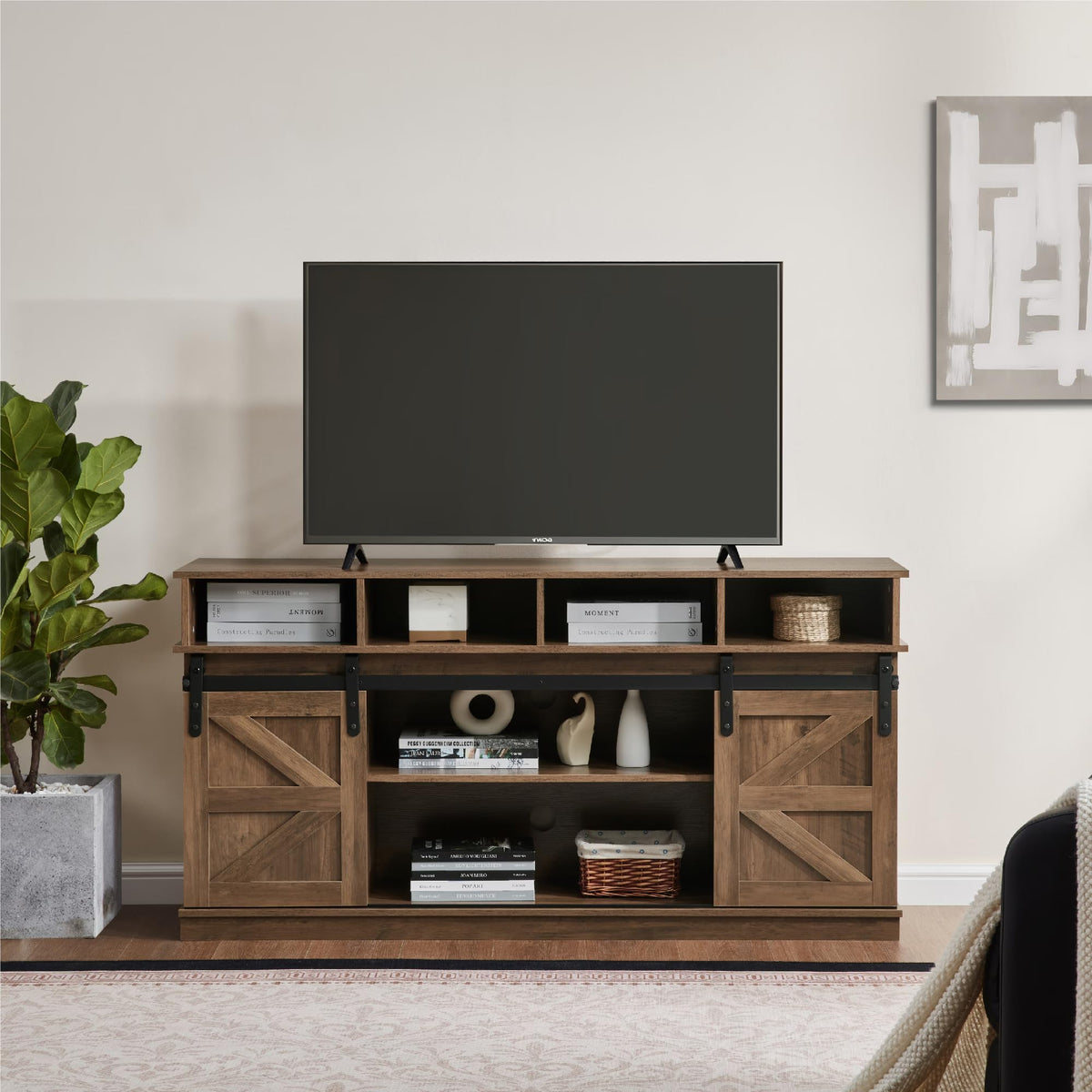 Farmhouse Wood TV Stand with Sliding Barn Doors J83407