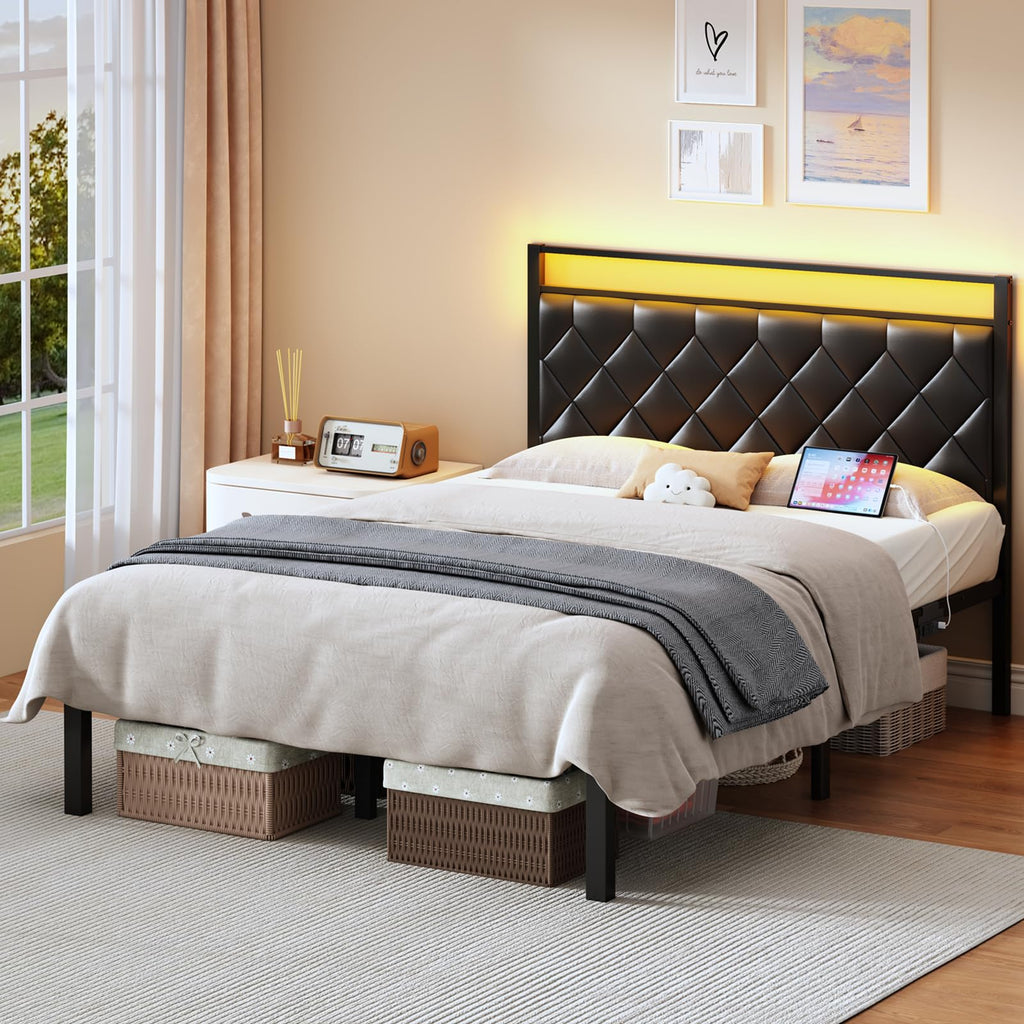 Full Size Black Metal Bed Frame with LED Lights & Charging Station Y20365