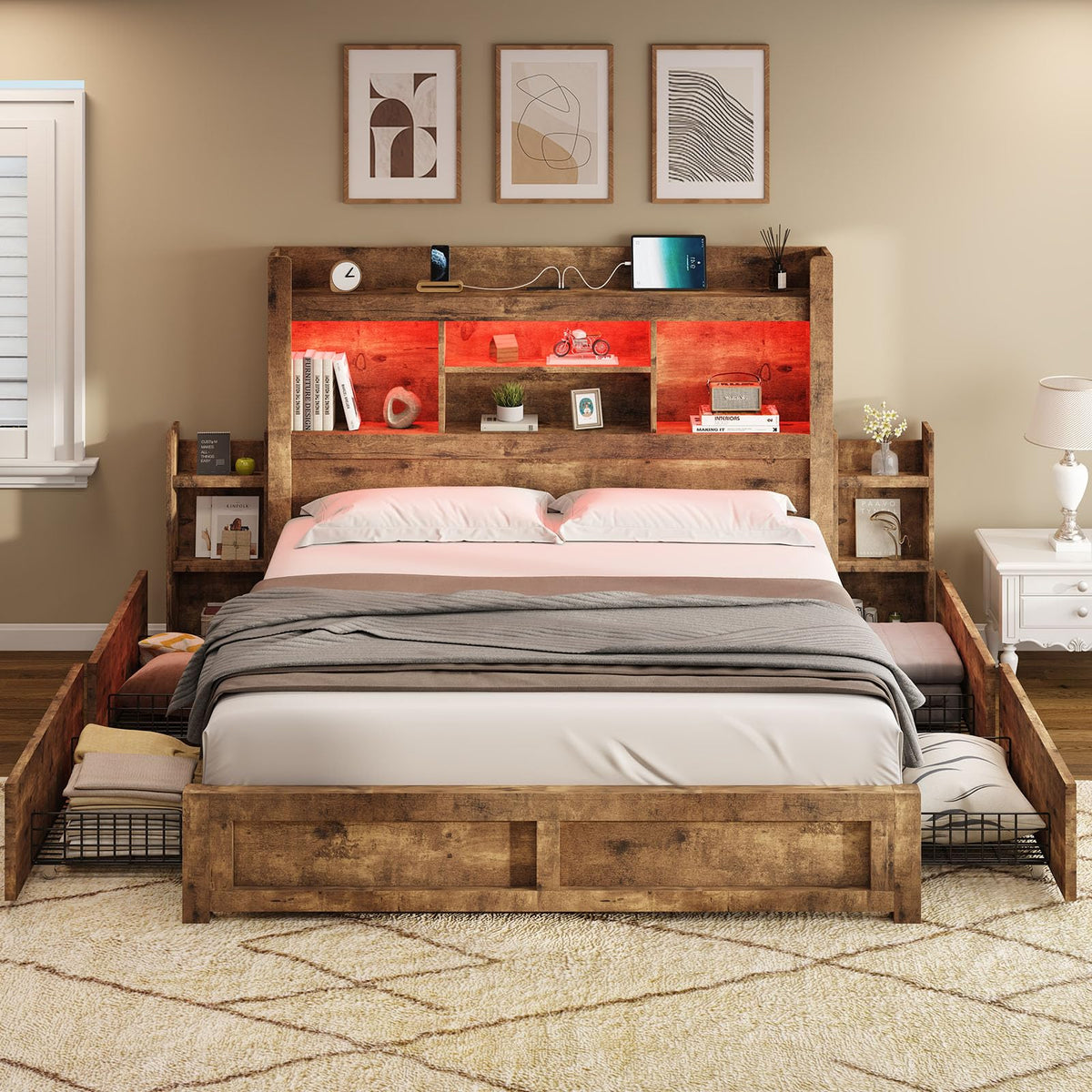 Full Bed Frame with Bookcase Headboard & Storage Y801865