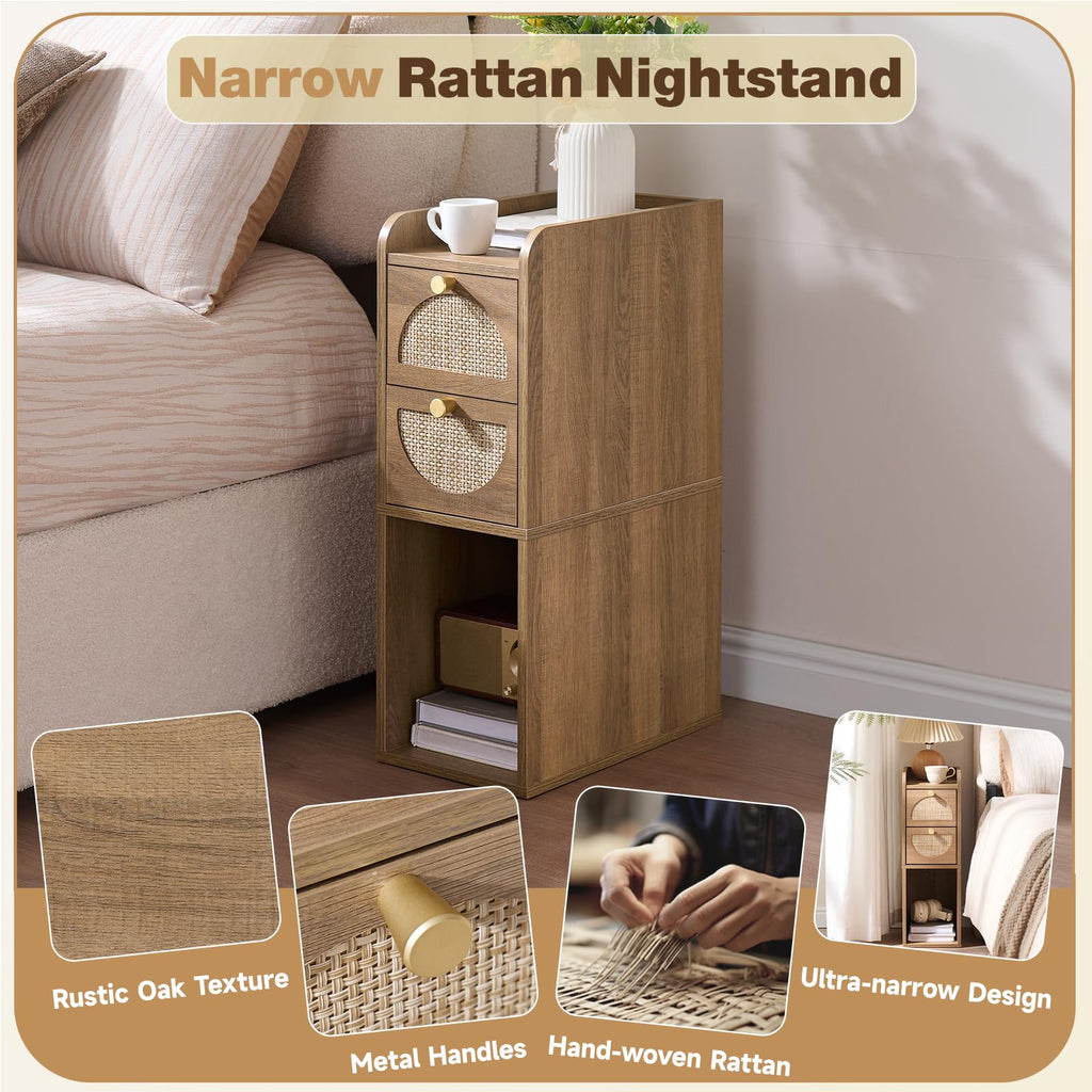 Narrow Rattan Wood Nightstand with 2 Drawers J44842