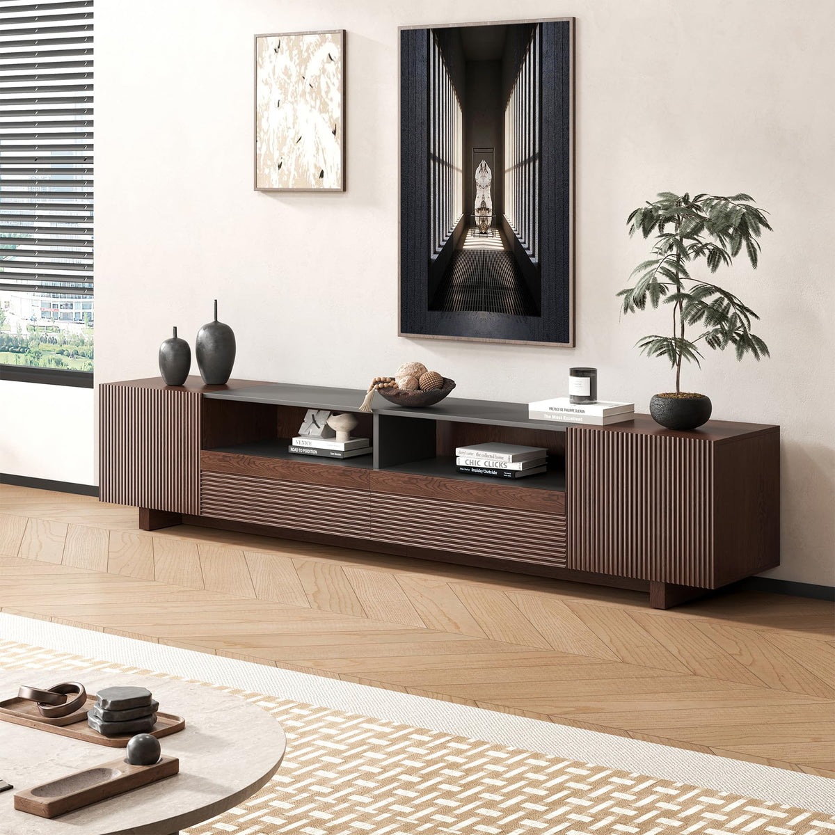 78.8 Inch Dark Brown Walnut TV Stand with Storage T424