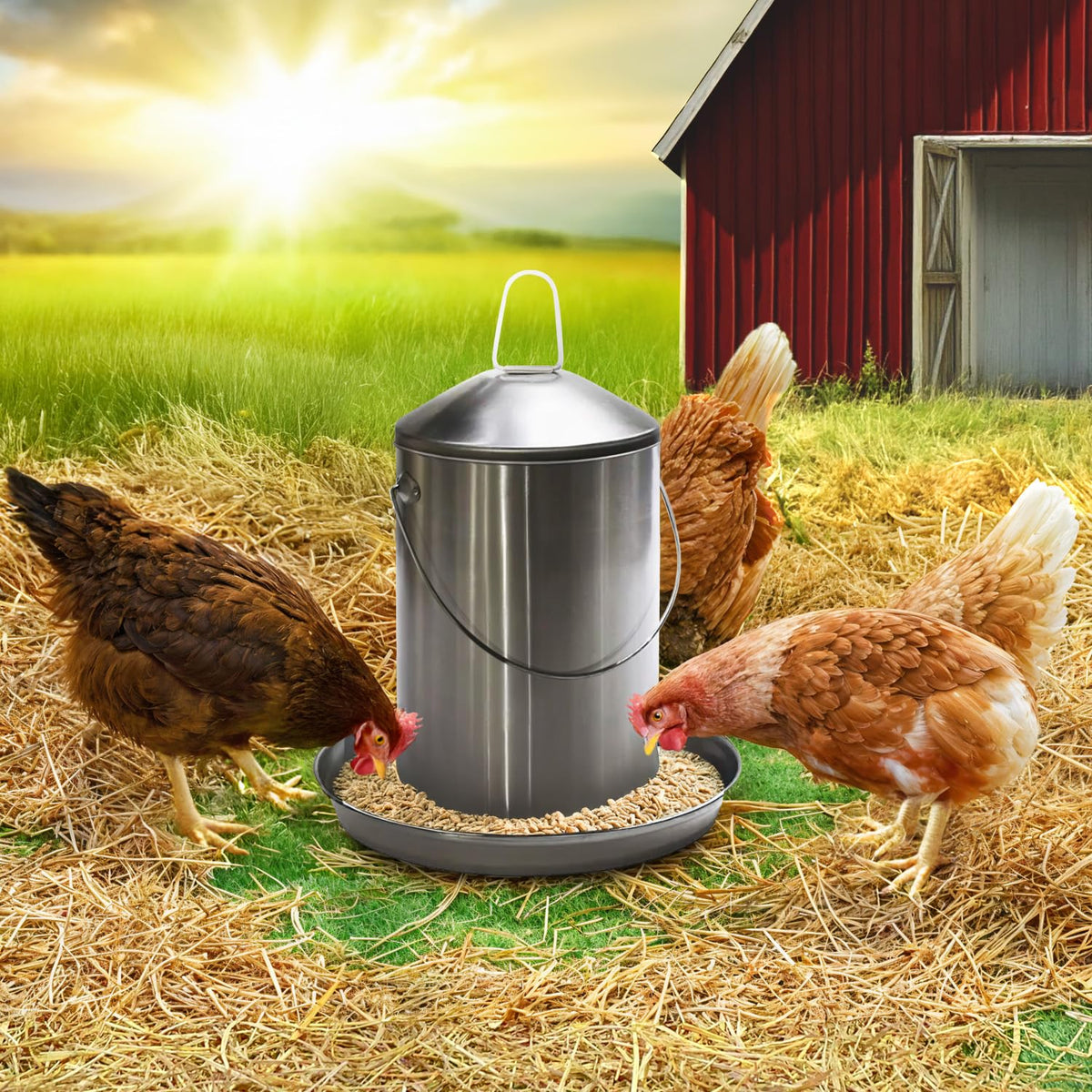 6.6 Lb Stainless Steel Hanging Poultry Feeder with 10 Gallon Storage Bucket U13711