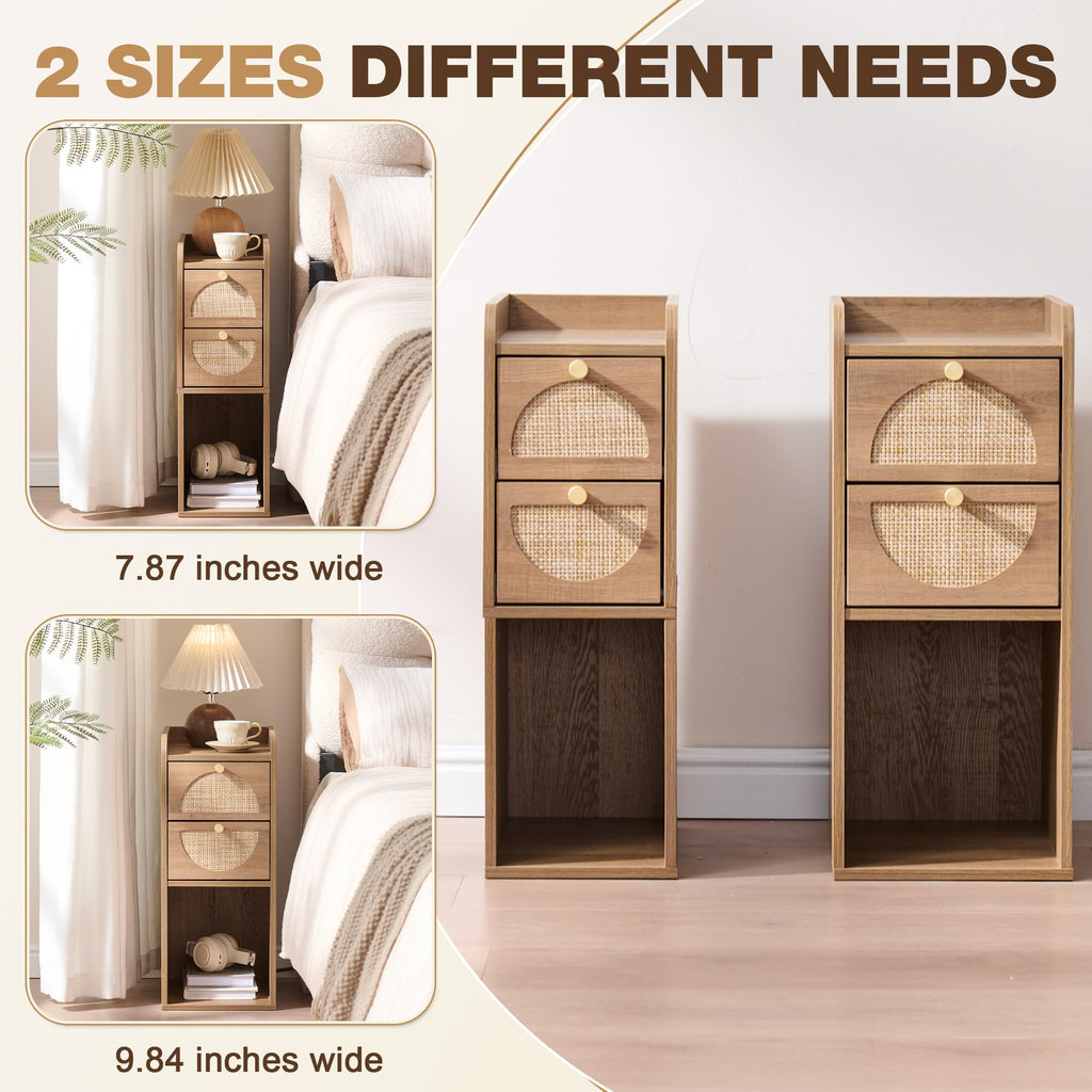 Narrow Rattan Wood Nightstand with 2 Drawers J44842