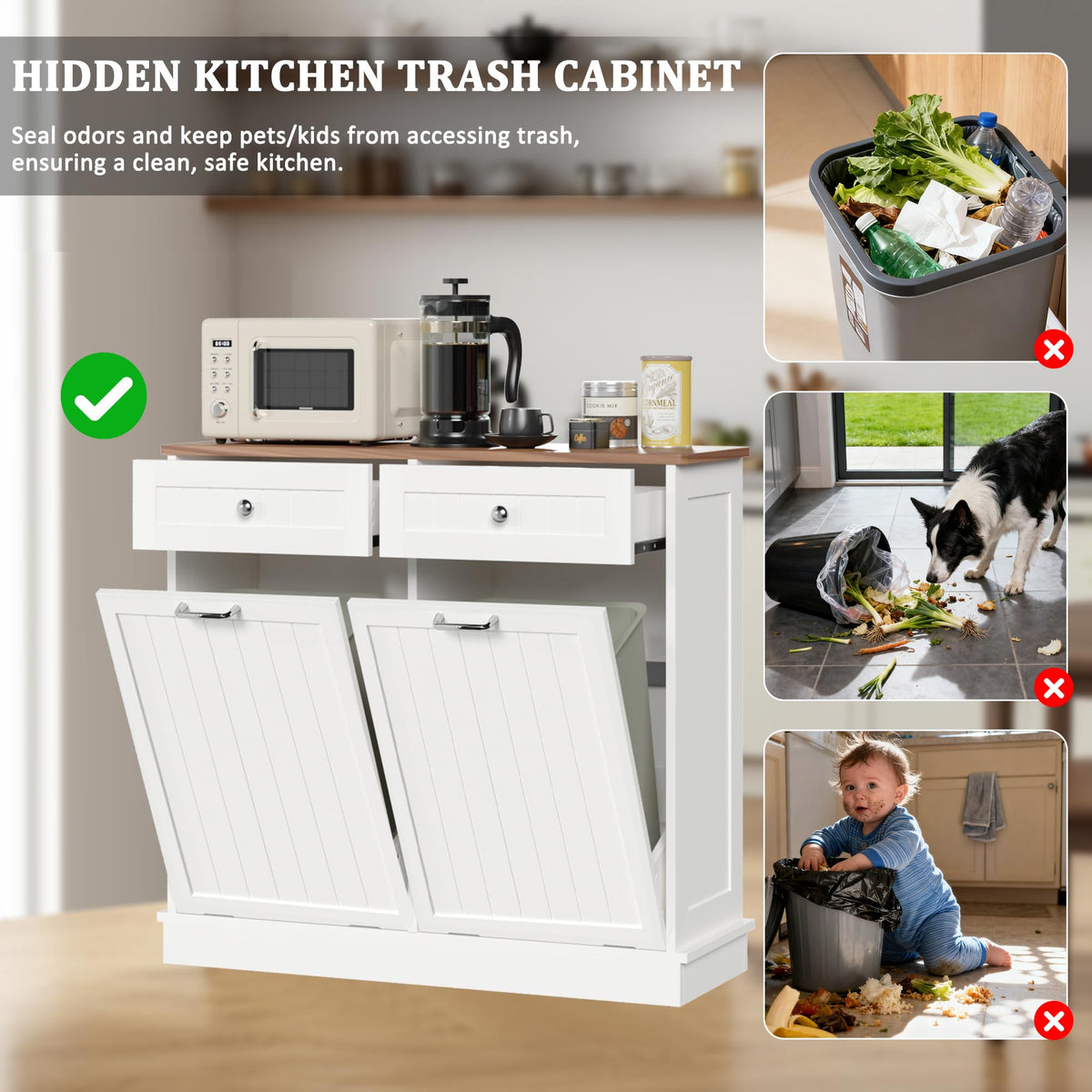 White Tilt Out Trash Can Cabinet I2000