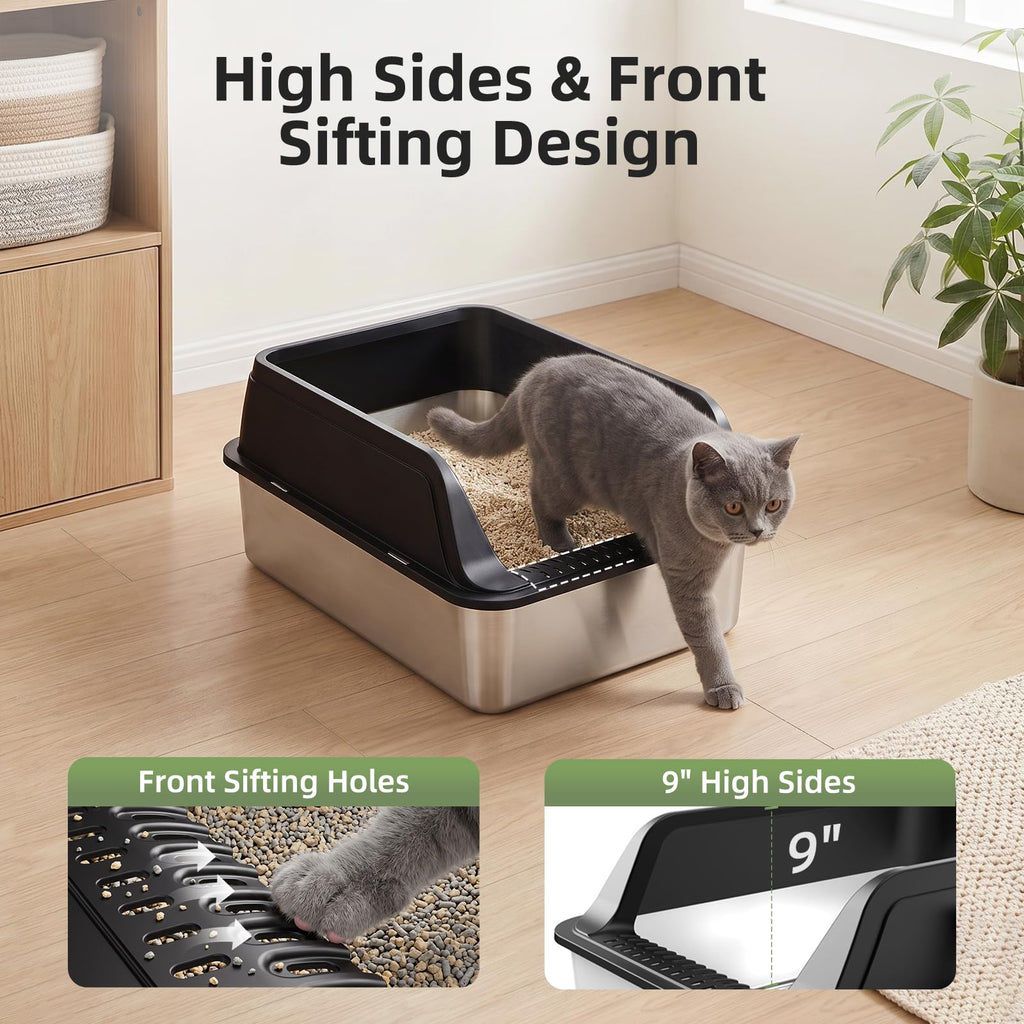 Stainless Steel High Sided Litter Box with Lid Q773