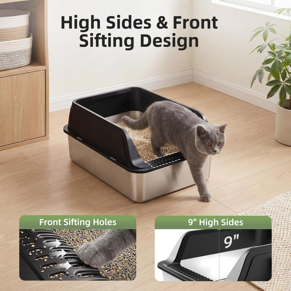 Stainless Steel High Sided Litter Box with Lid Q773