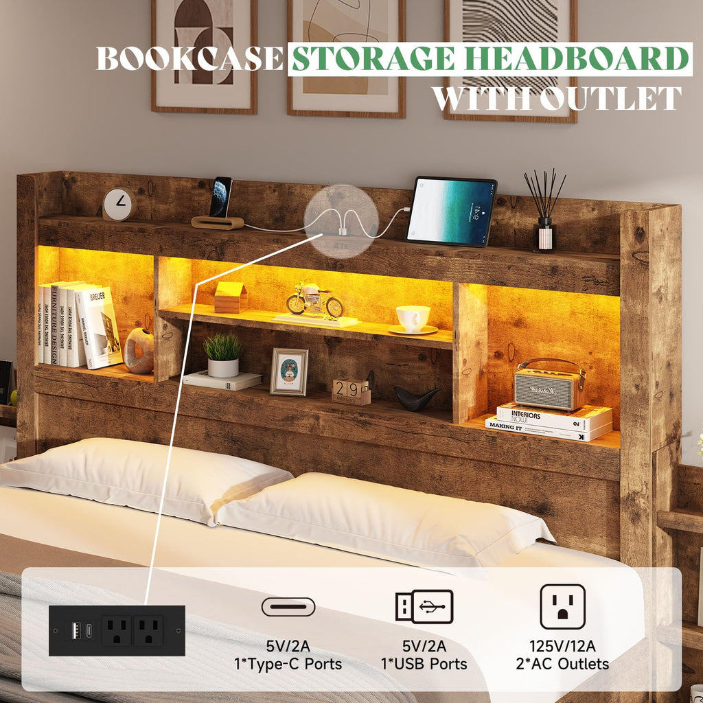 Full Bed Frame with Bookcase Headboard & Storage Y801865