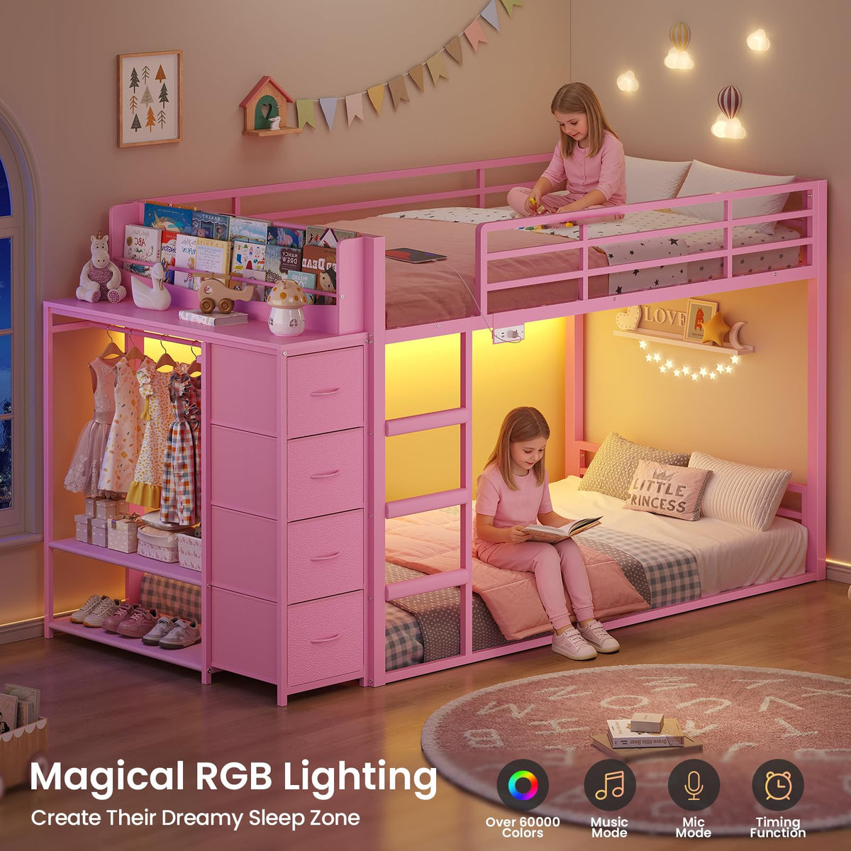 Pink Twin Over Twin Bunk Bed with Bookshelf & Storage Drawer S614