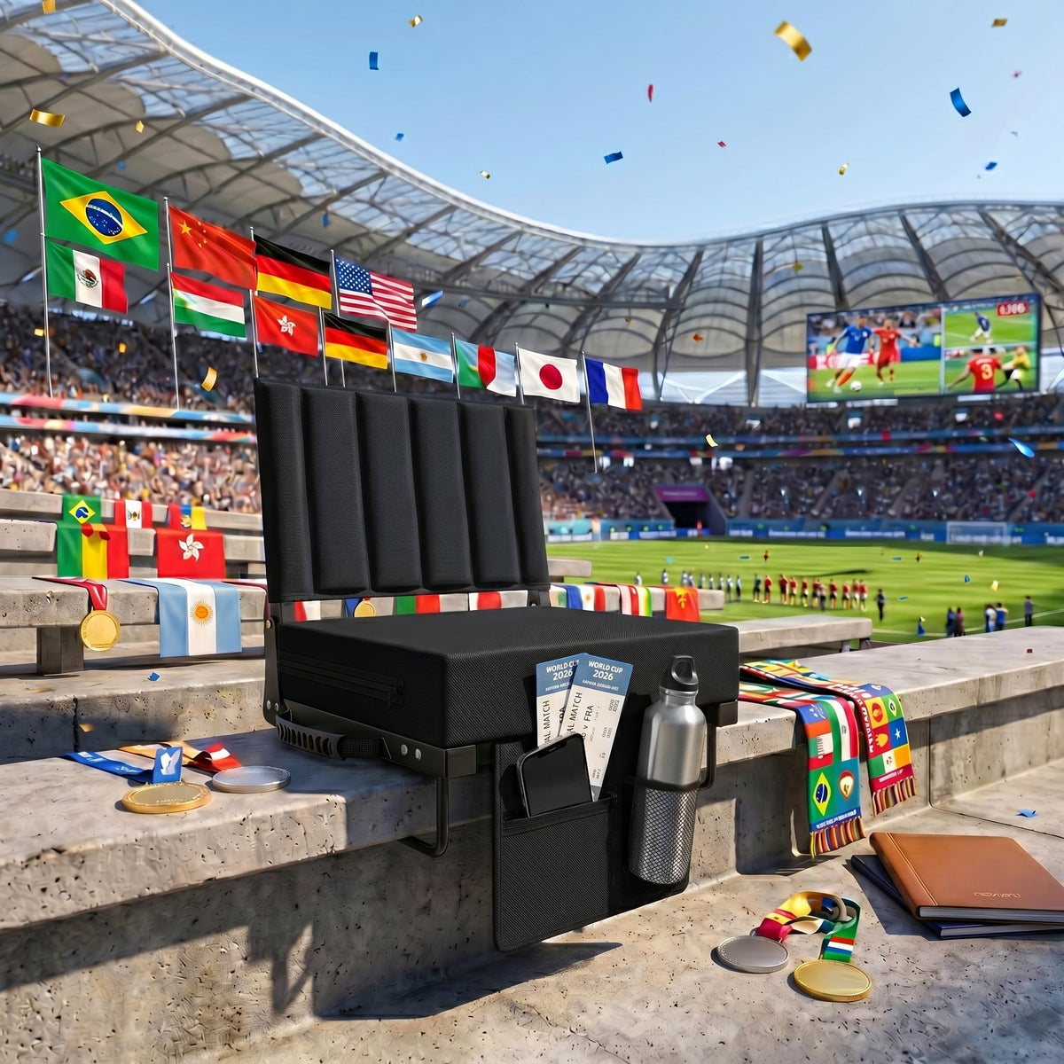 Black Padded Portable Folding Stadium Seat with Back Support and Cup Holder Y95532