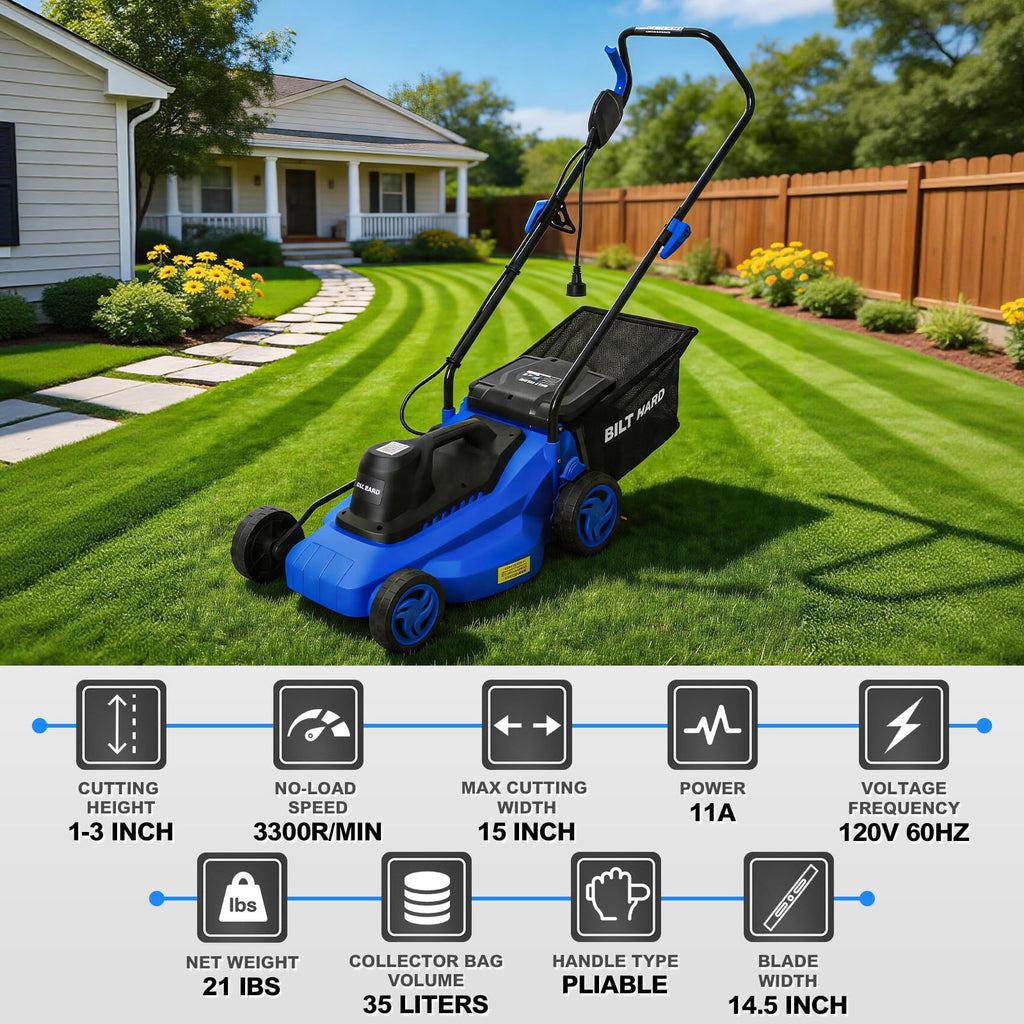 15" Corded Electric Push Mower with 35L Grass Bag V8598