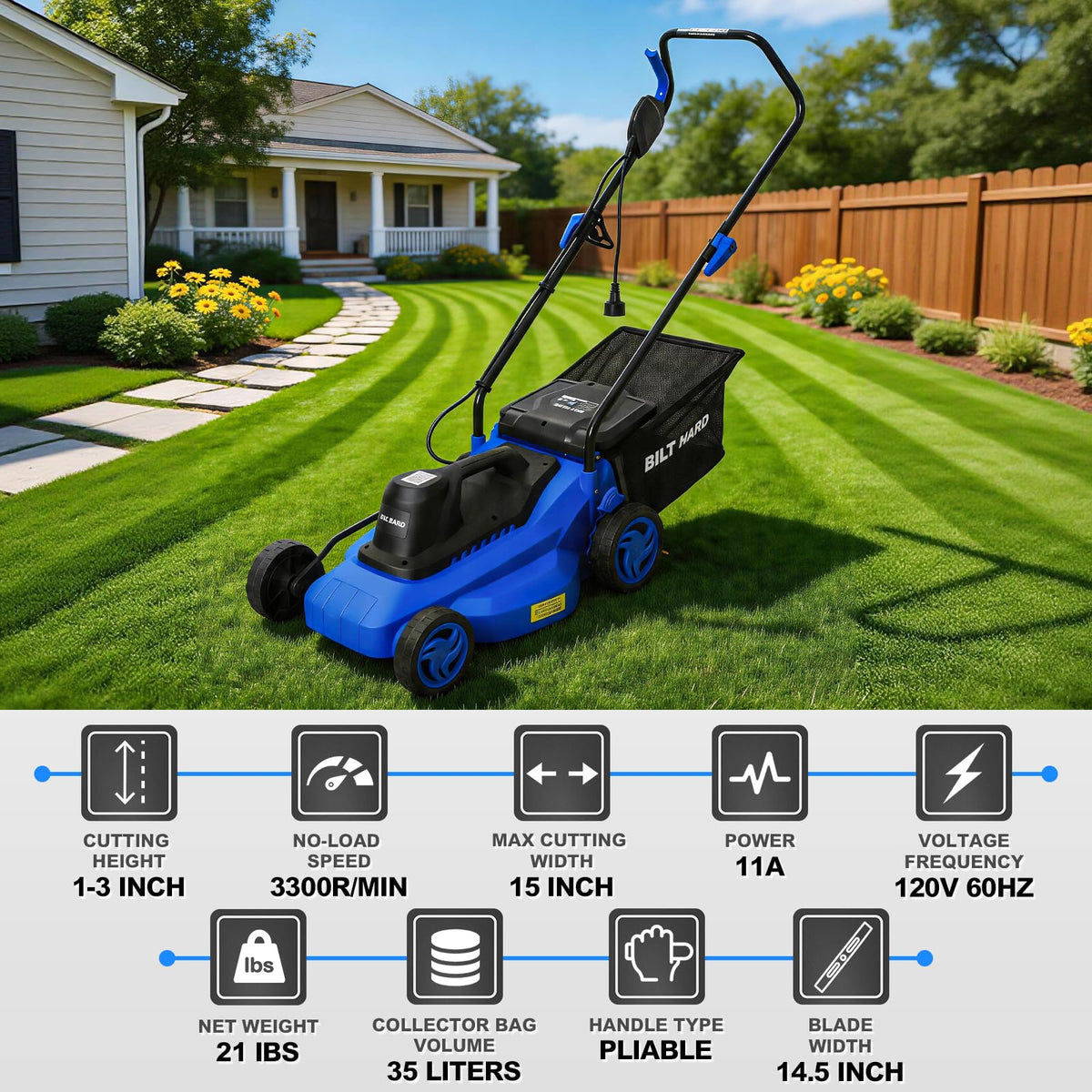 15" Corded Electric Push Mower with 35L Grass Bag V8598