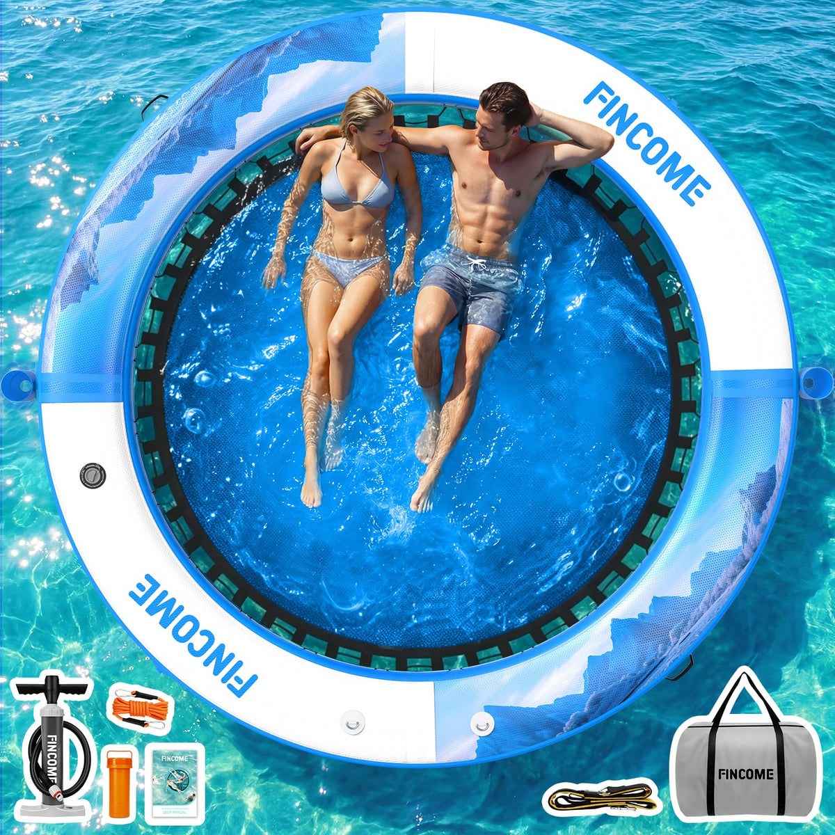 Inflatable Water Hammock Floating Dock 8FT Round with Water Ladder and Cup Holder Light Blue G163