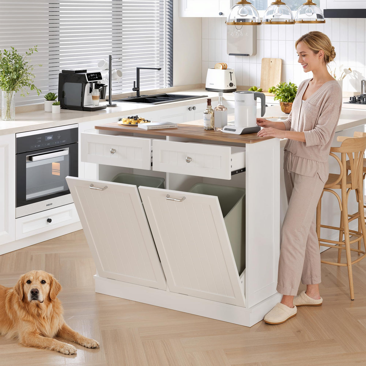 White Tilt Out Trash Can Cabinet I2000