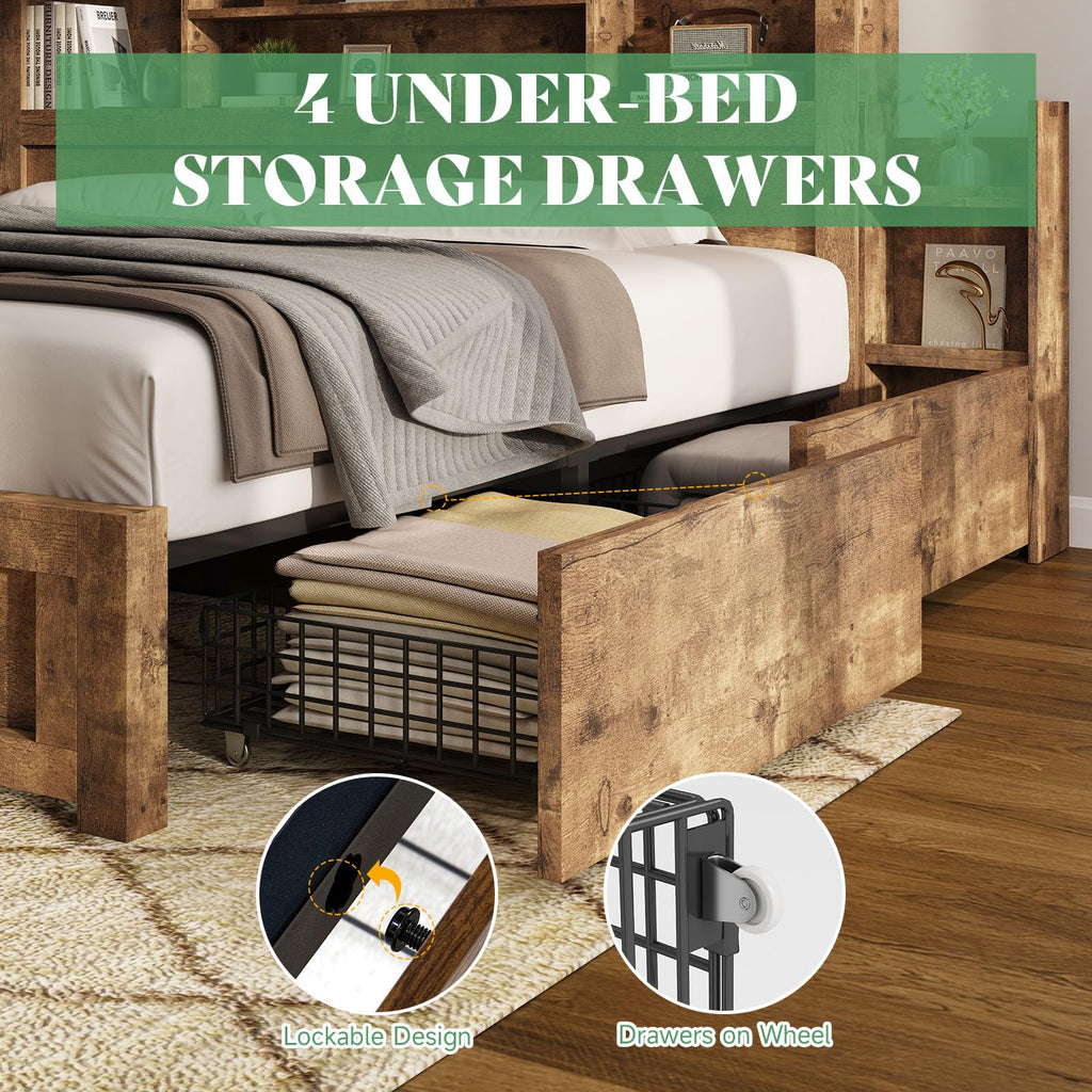 Full Bed Frame with Bookcase Headboard & Storage Y801865