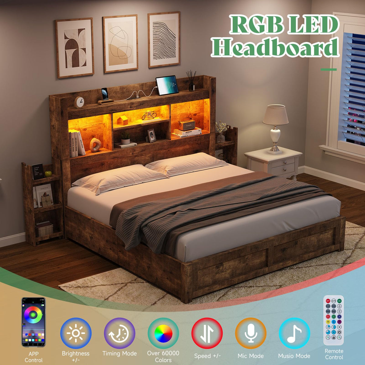 Full Bed Frame with Bookcase Headboard & Storage Y801865