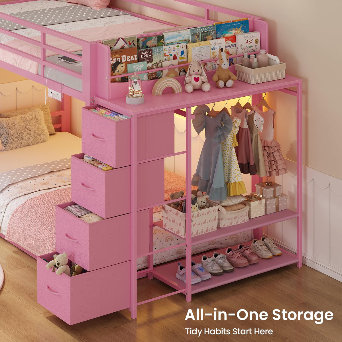 Pink Twin Over Twin Bunk Bed with Bookshelf & Storage Drawer S614