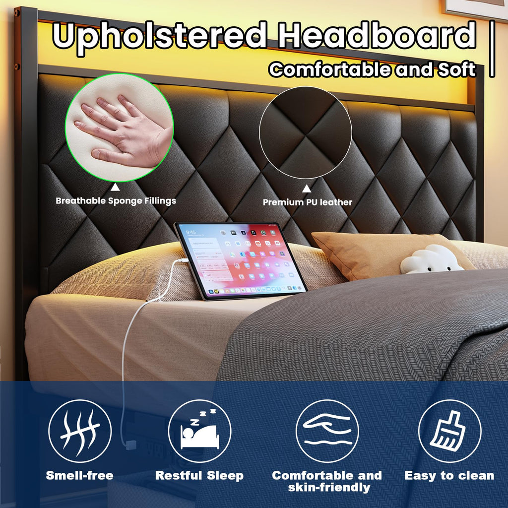 Full Size Black Metal Bed Frame with LED Lights & Charging Station Y20365