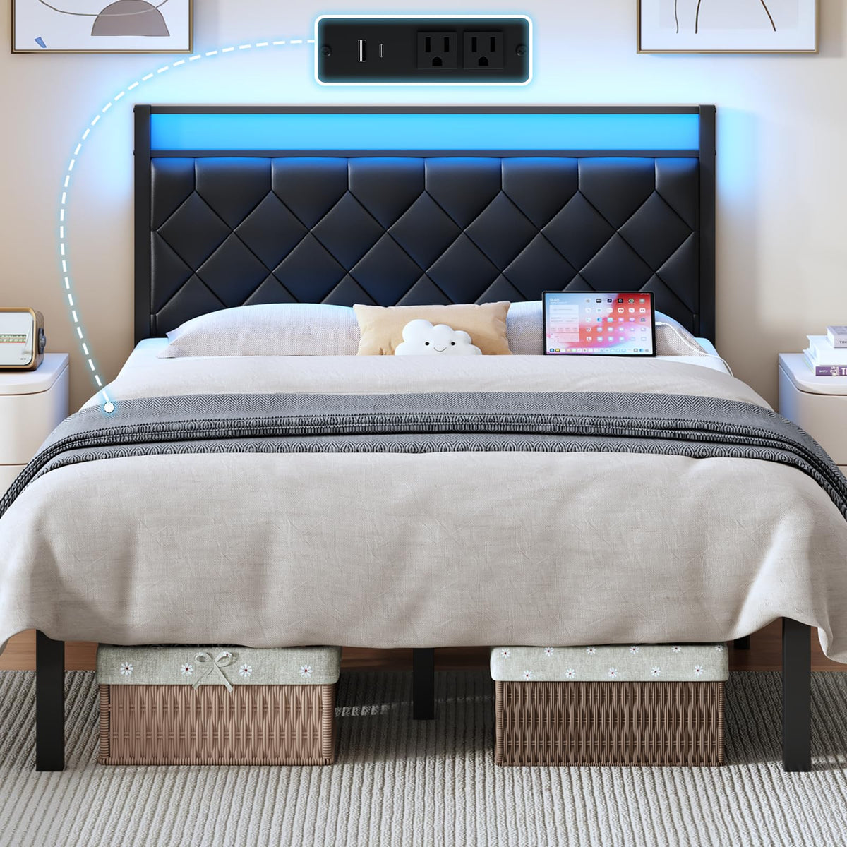 Full Size Black Metal Bed Frame with LED Lights & Charging Station Y20365