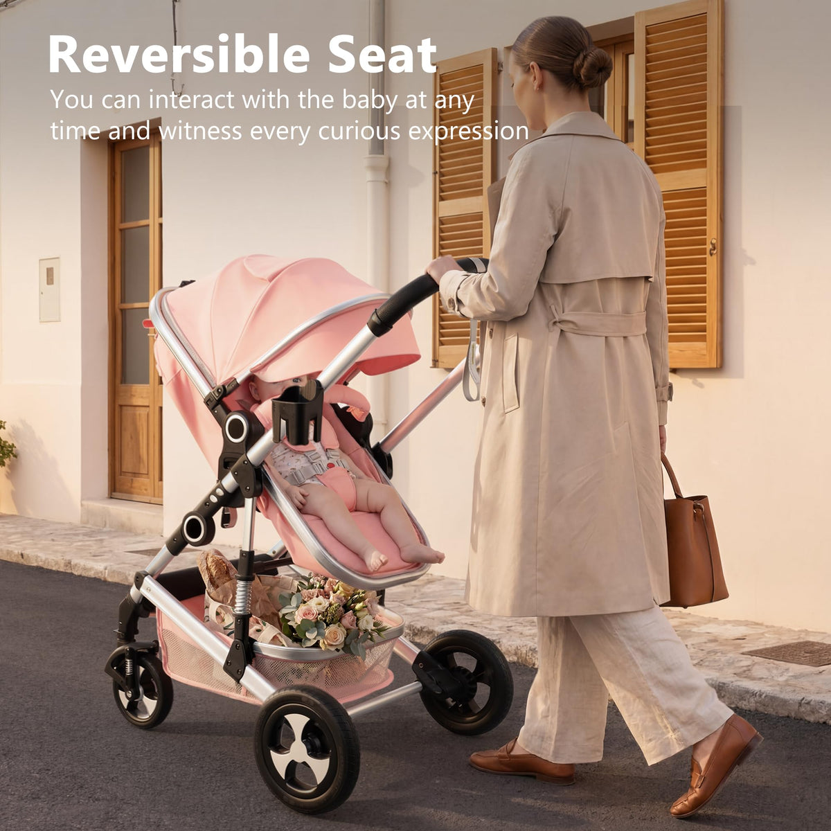 2 in 1 Convertible Baby Stroller, Diaper Bag, Pink I172