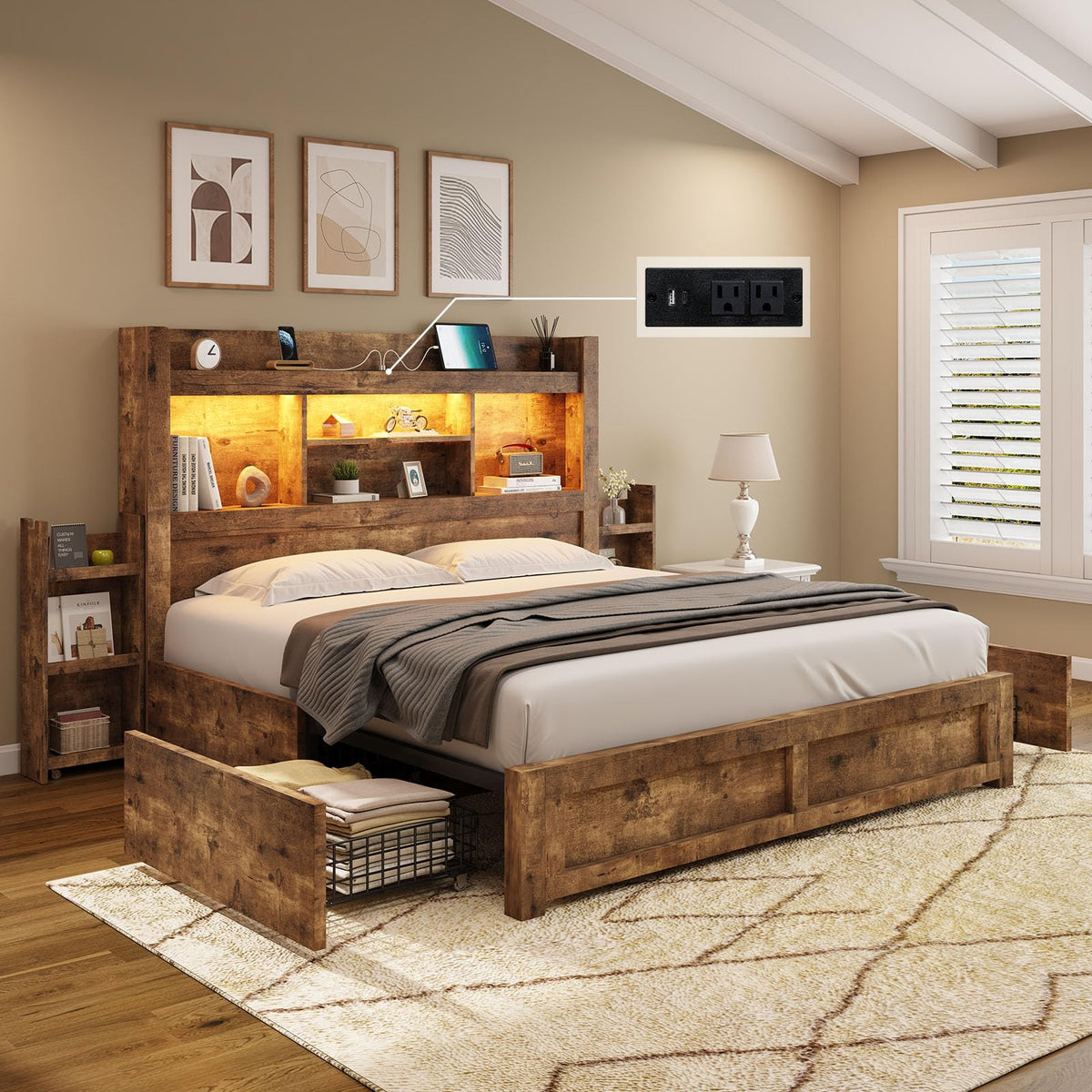 Full Bed Frame with Bookcase Headboard & Storage Y801865