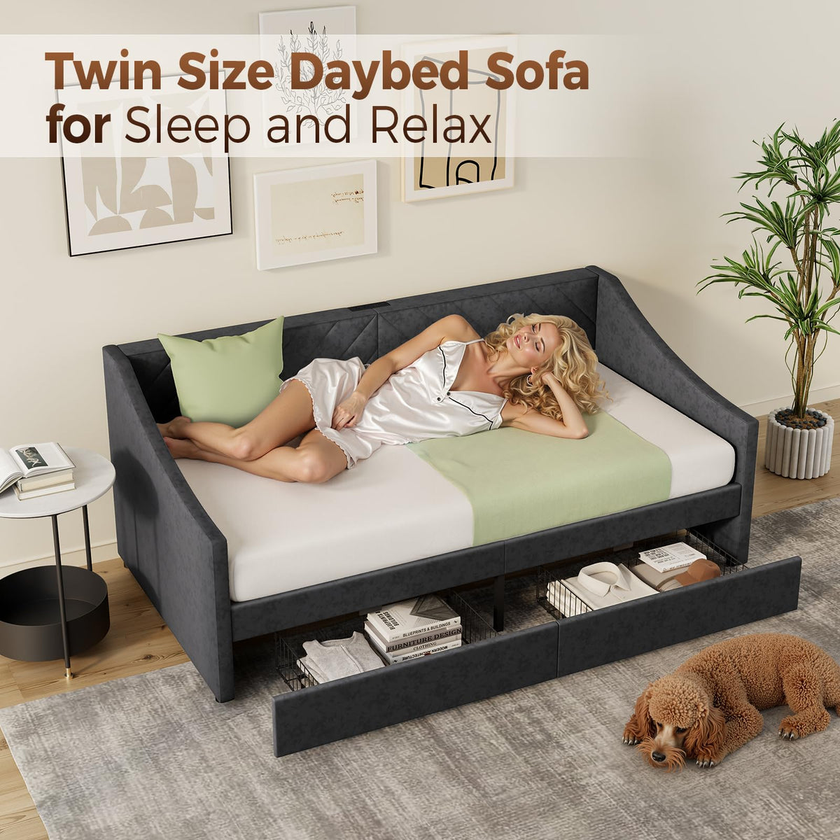 Twin Size Upholstered Daybed with 2 Storage Drawers M4832