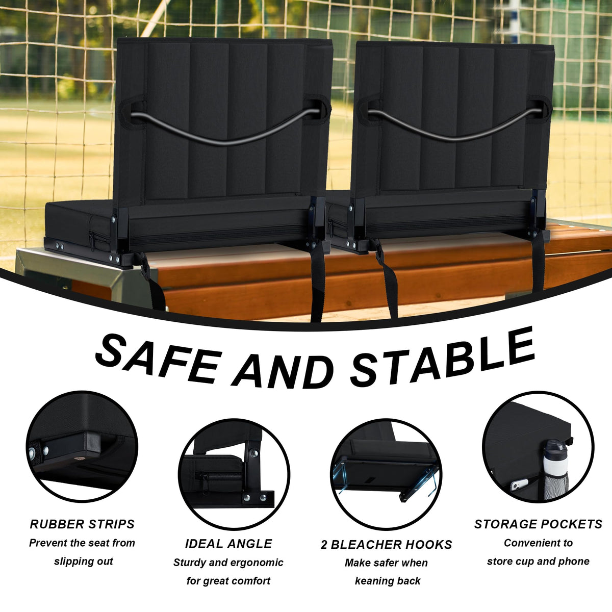 Black Padded Portable Folding Stadium Seat with Back Support and Cup Holder Y95532
