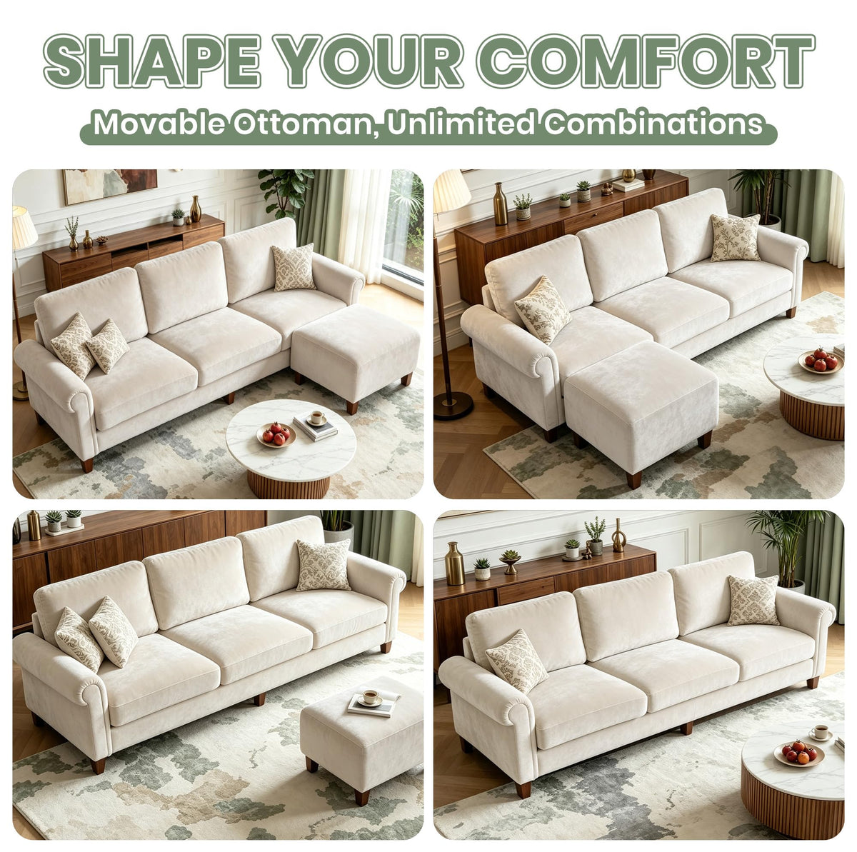 100" L-Shaped Velvet Sectional Sofa with Ottoman C303536