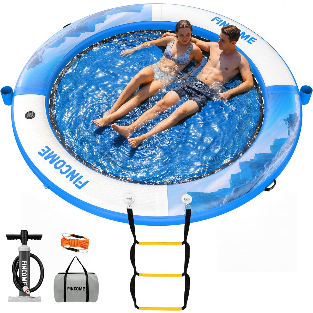 Inflatable Water Hammock Floating Dock 8FT Round with Water Ladder and Cup Holder Light Blue G163