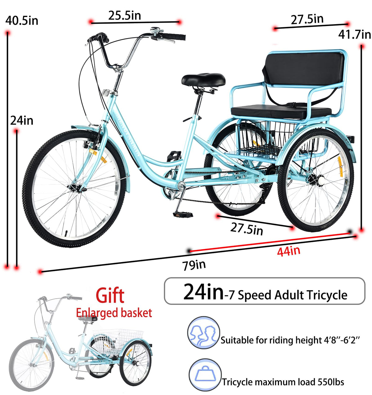 7 Speed Adult Tricycle with Child Seat and Rear Baskets H545