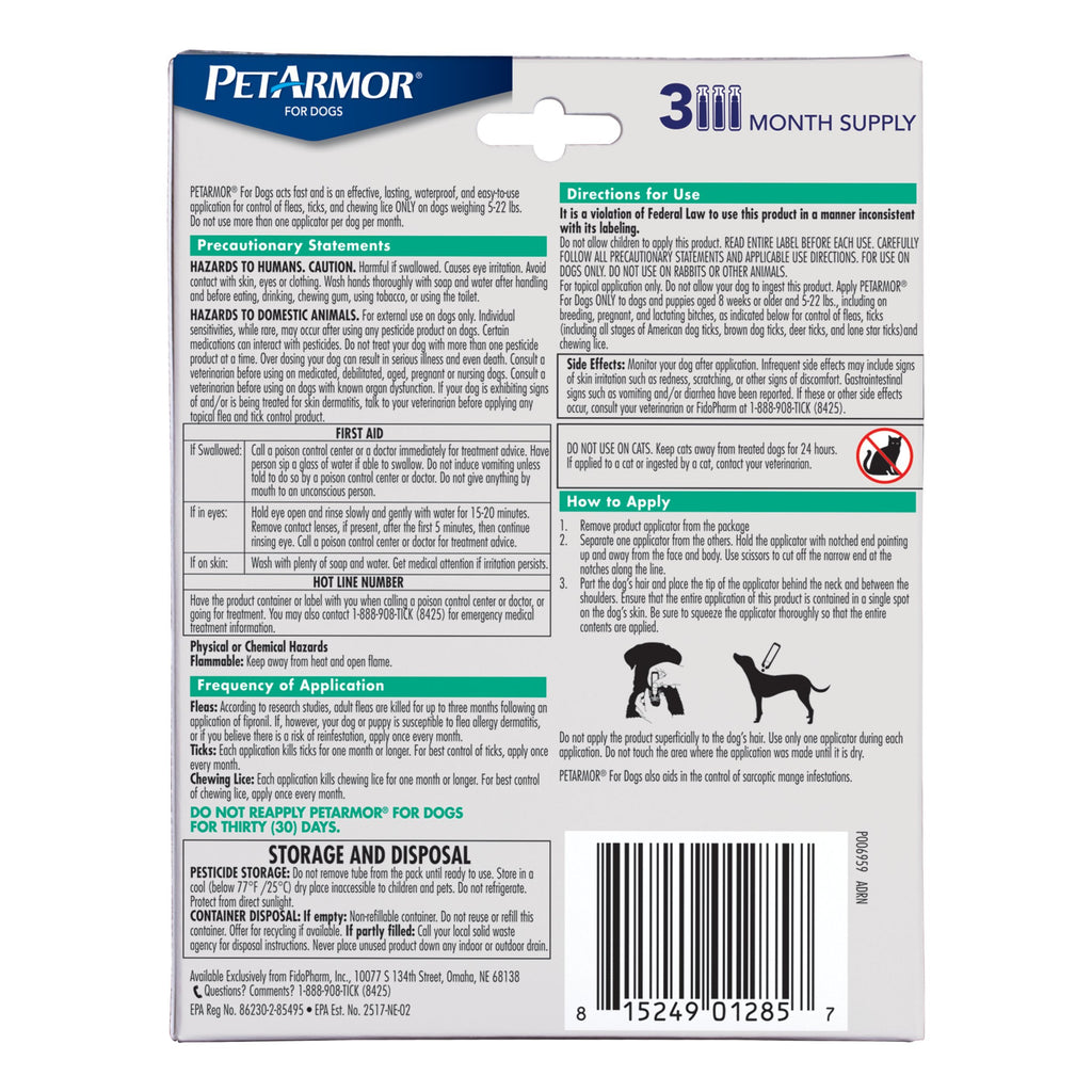 Flea & Tick Topical Dogs 5-22 lbs, Fipronil, 3-Month D99306