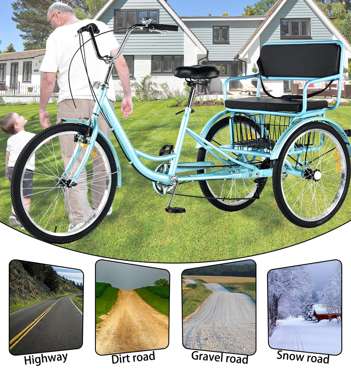 7 Speed Adult Tricycle with Child Seat and Rear Baskets H545