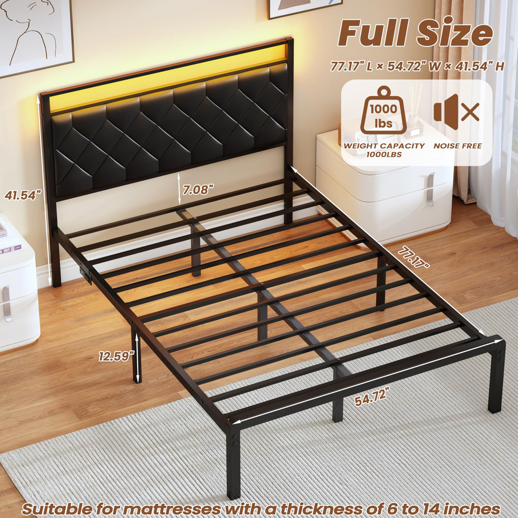 Full Size Black Metal Bed Frame with LED Lights & Charging Station Y20365