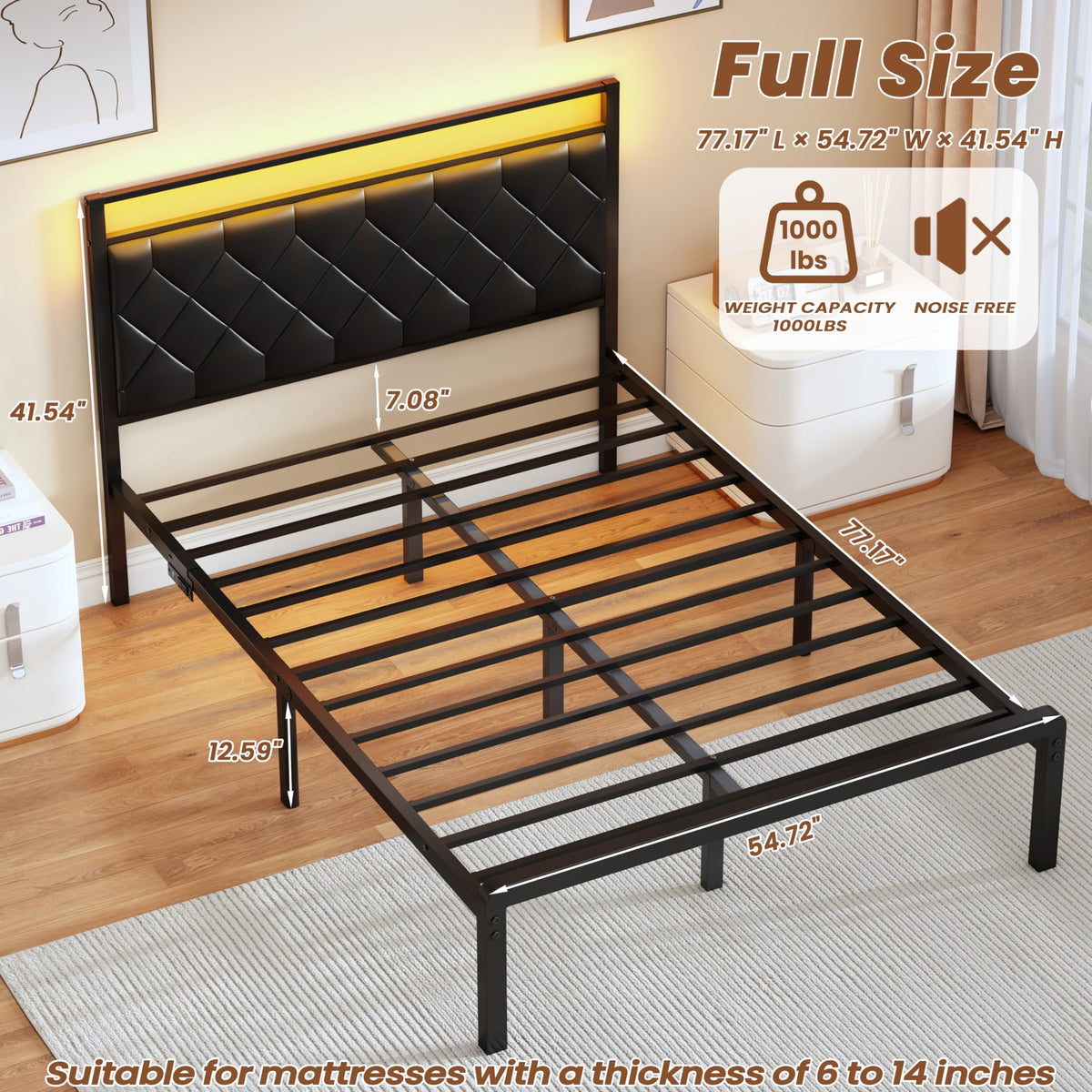 Full Size Black Metal Bed Frame with LED Lights & Charging Station Y20365
