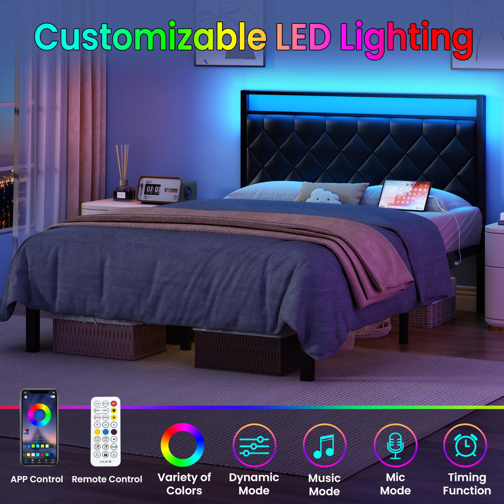 Full Size Black Metal Bed Frame with LED Lights & Charging Station Y20365