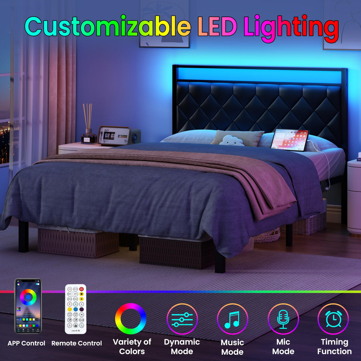 Full Size Black Metal Bed Frame with LED Lights & Charging Station Y20365